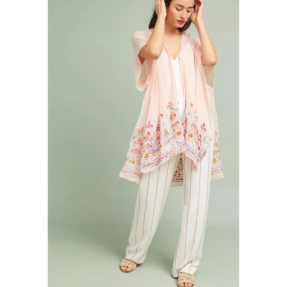 Anthropologie Merideth Kimono Gauze Embroidered Sequin Pink Women One Size Boho